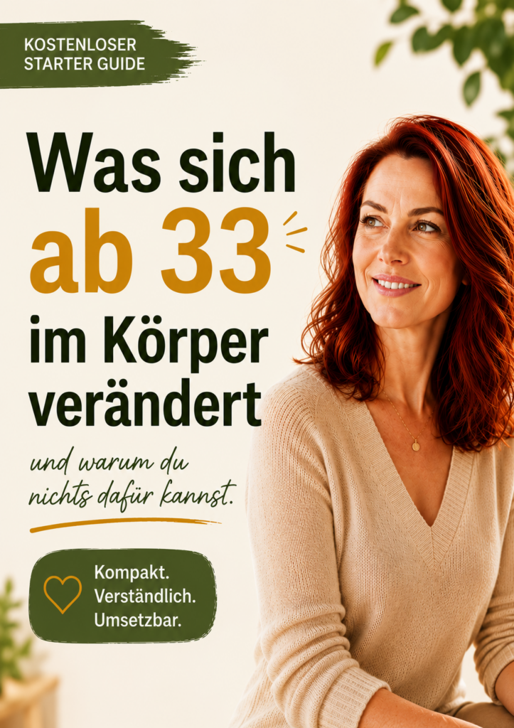 Cover des kostenlosen Starter-Guides „Was sich ab 33 im Körper verändert“ mit einer rothaarigen Frau
