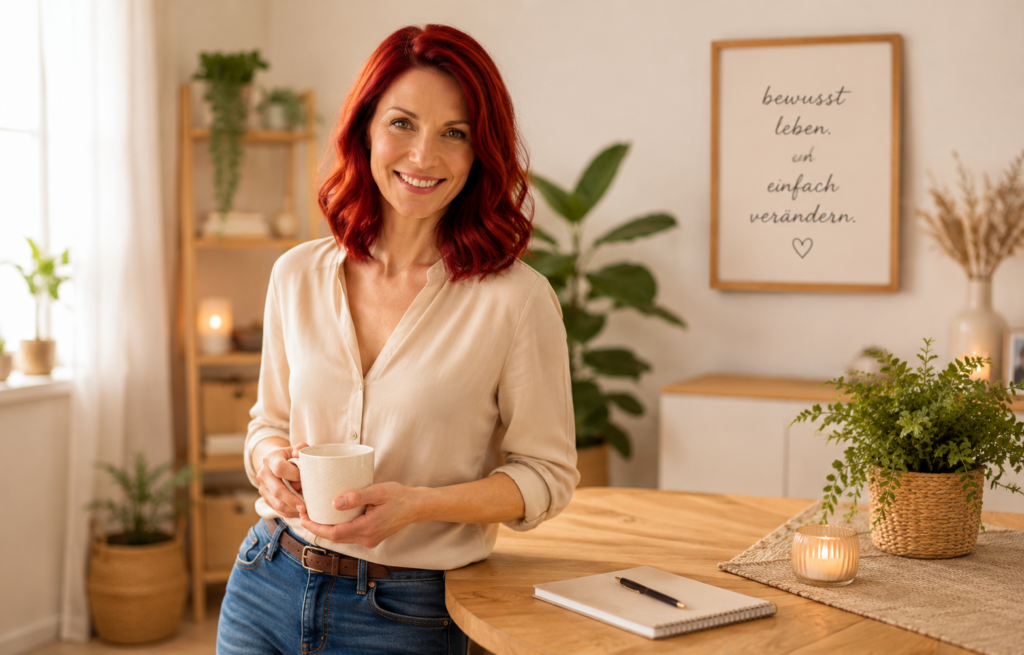Julia, die digitale Markenfigur von alltagsbewusst.de, in einer warmen Alltagsszene