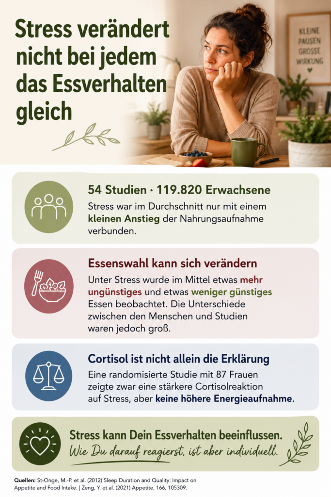 Infografik zu Stress und Essverhalten: Stress kann die Nahrungsaufnahme und Essenswahl beeinflussen, die Reaktion ist jedoch individuell.